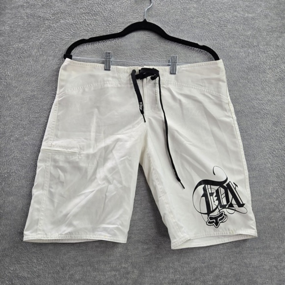 Fox Men Swimwear S White Board Shorts Logo‎ Script Surf Activewear Drawsstring